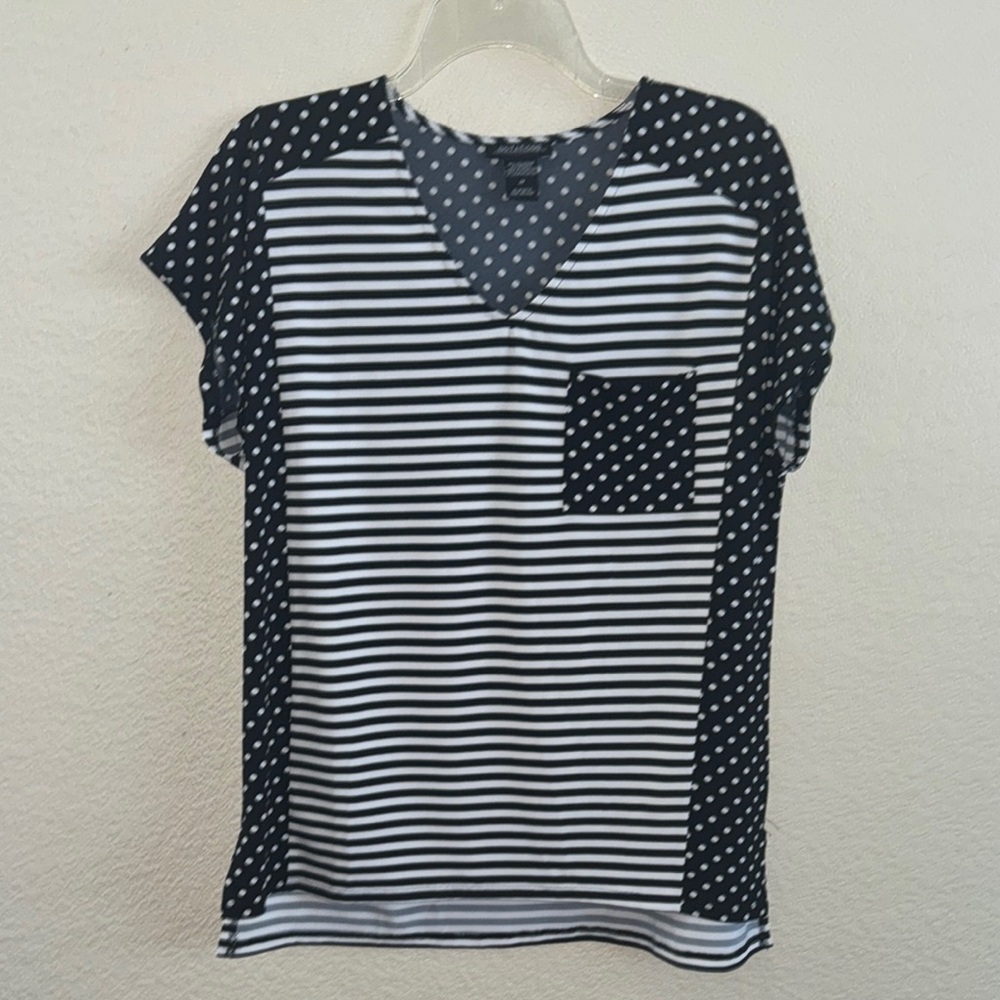 Notations Navy and White Striped Polka Dot Top